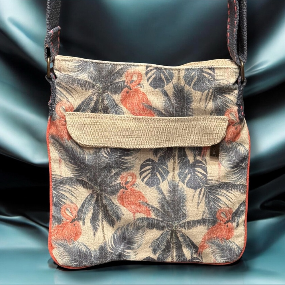 Caribbean Joe Flamingo Floral Print Crossbody Bag 11x10in like new - Picture 2 of 11